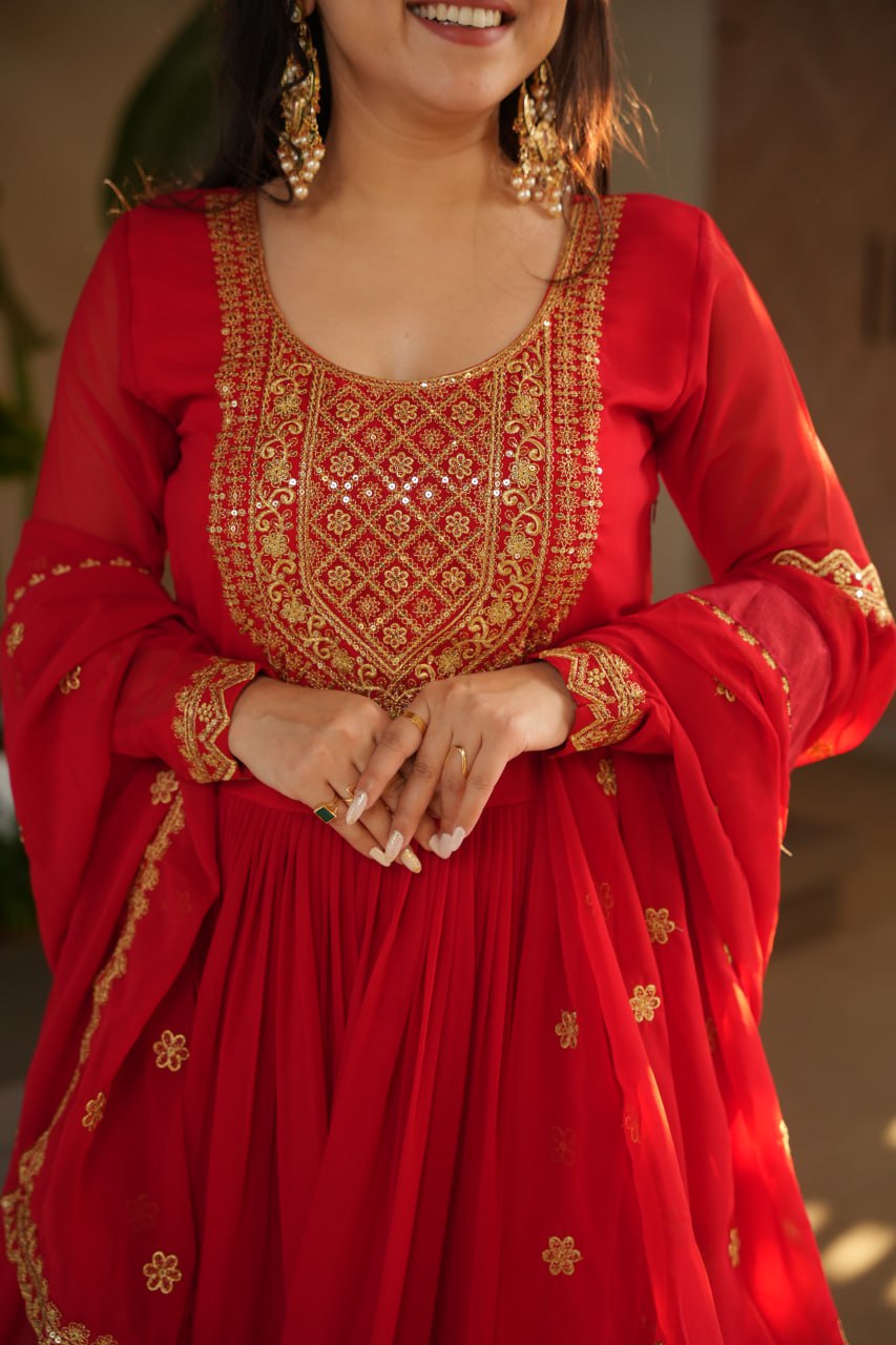 Women's Radiant Red Anarkali Suit Set with Golden Zari & Sequin Embroidery – Perfect for Festive & Wedding Occasions - Image 7